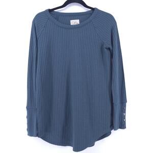 Chaser Essential Waffle Knit Small Teal Long Sleeve Wide Button Cuff Pullover  S